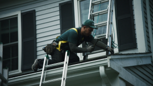 Worker repairing a home's roof